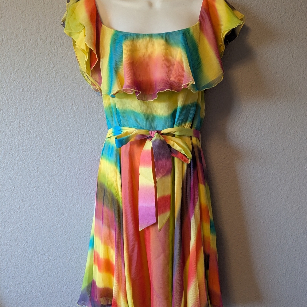 💥SALE💥 Alice + Olivia Vibrant Multicolor Rainbow Ruffle Dress 100% Silk Sz. M - Picture 7 of 13